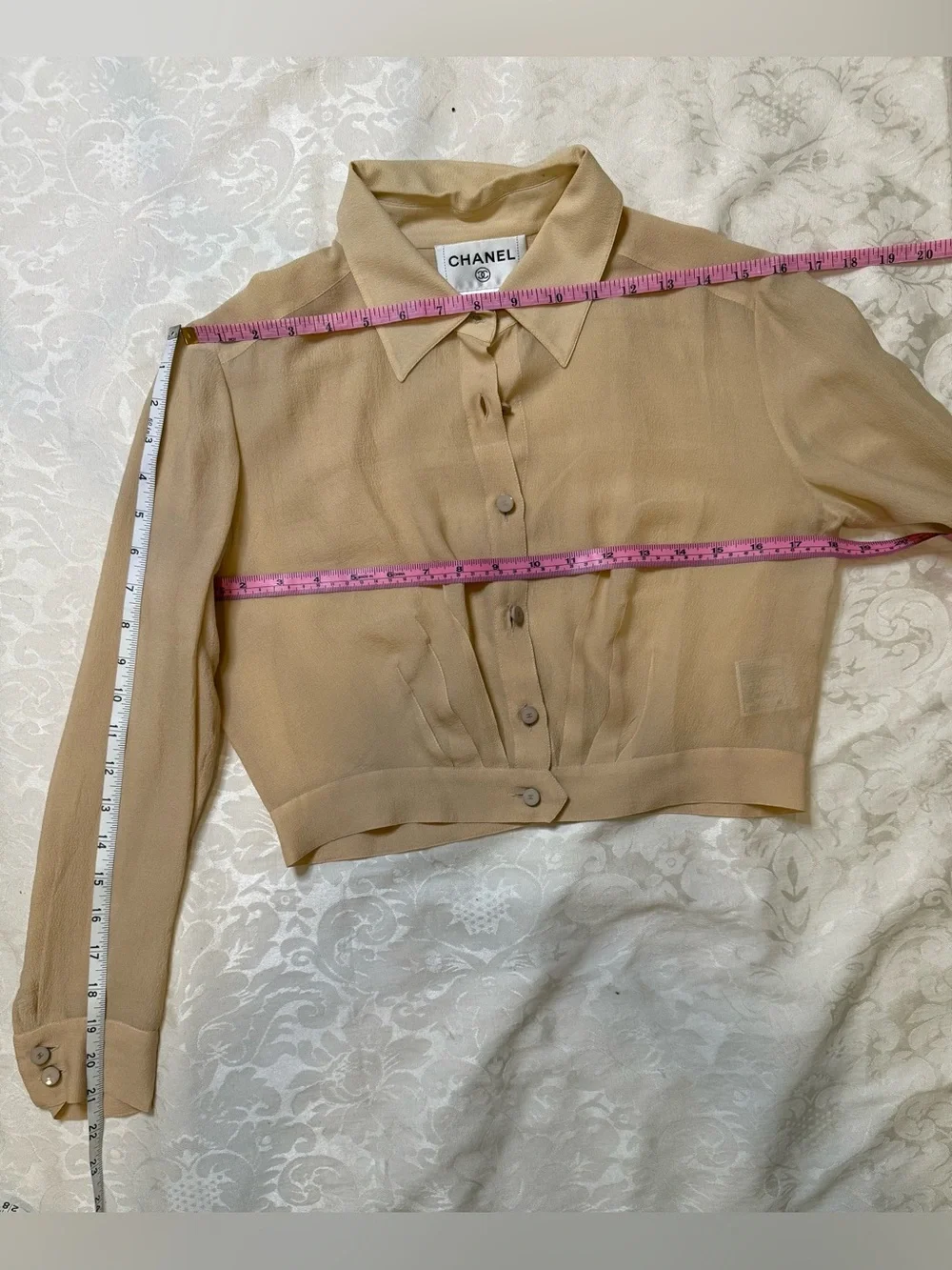 Classic CHANEL 2001A Nude Beige  Silk Sheer Cropped Shirt CC Logo Buttons FR 40
